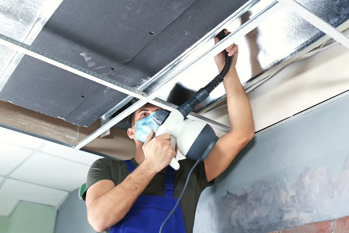 Worker in a mask cleaning a ceiling air duct with a handheld tool