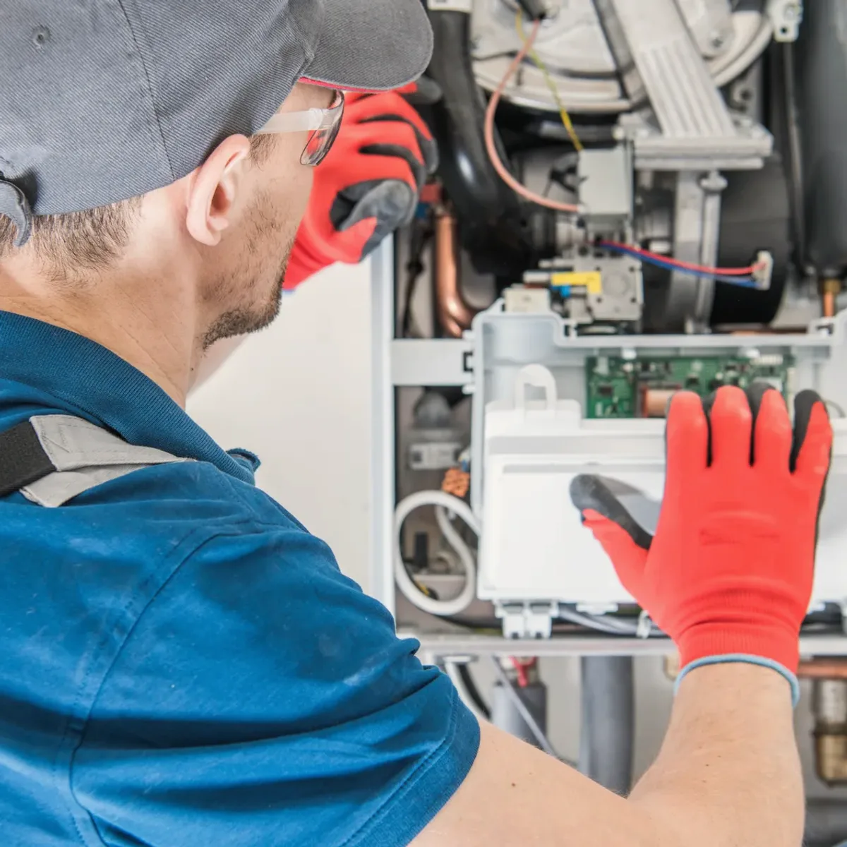 Technician in red gloves servicing a boiler's controls