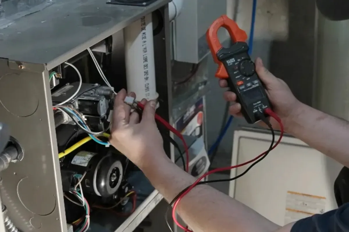Technician testing a furnace's wiring with a clamp meter