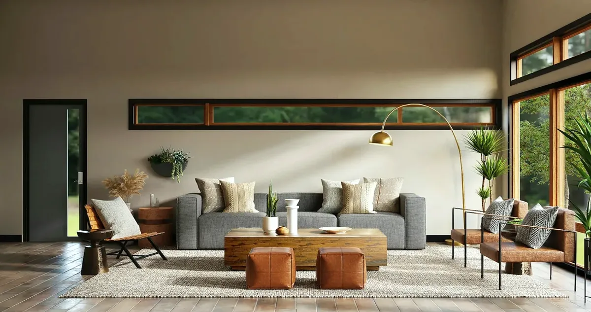 Bright living room with a grey sofa and large windows